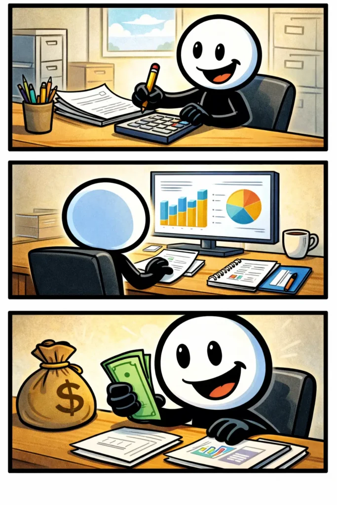 stickman die bezig is met boekhoudwerk aan een bureau met rekenmachine en papieren; het woord Boekhoudwerk zichtbaar