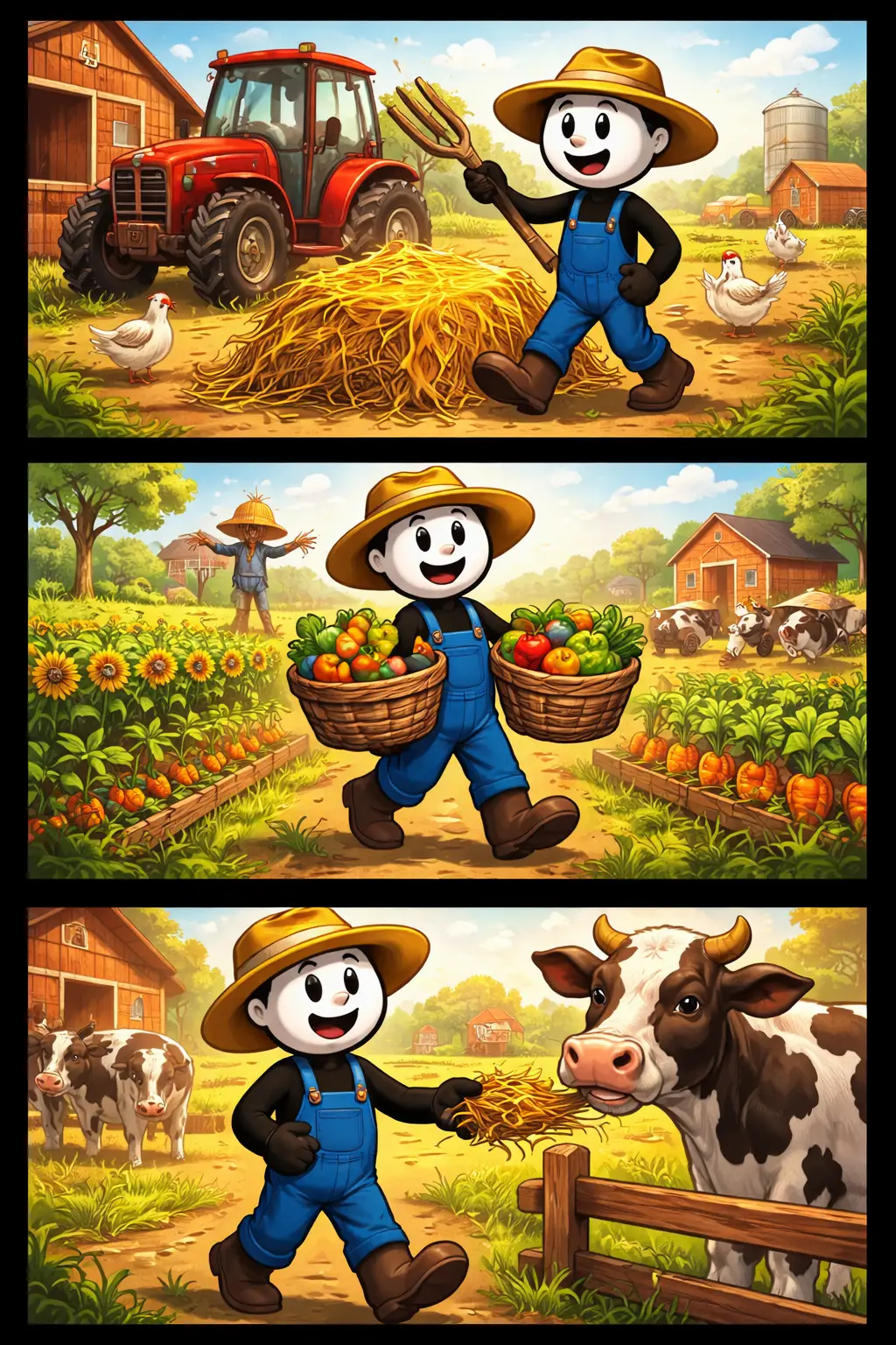 Een vrolijke stickman-boer voert verschillende boerderijtaken uit die duidelijk het woord boer tonen.