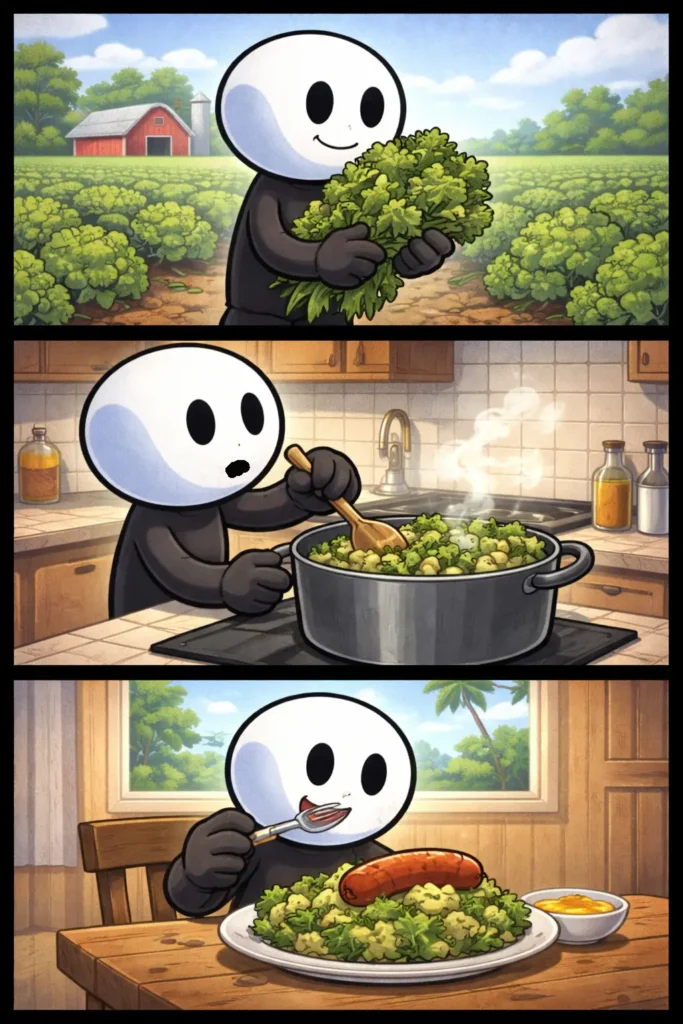 Stickman in Toonwords-stijl die verse boerenkool vasthoudt met een veld vol groene boerenkoolplanten op de achtergrond.