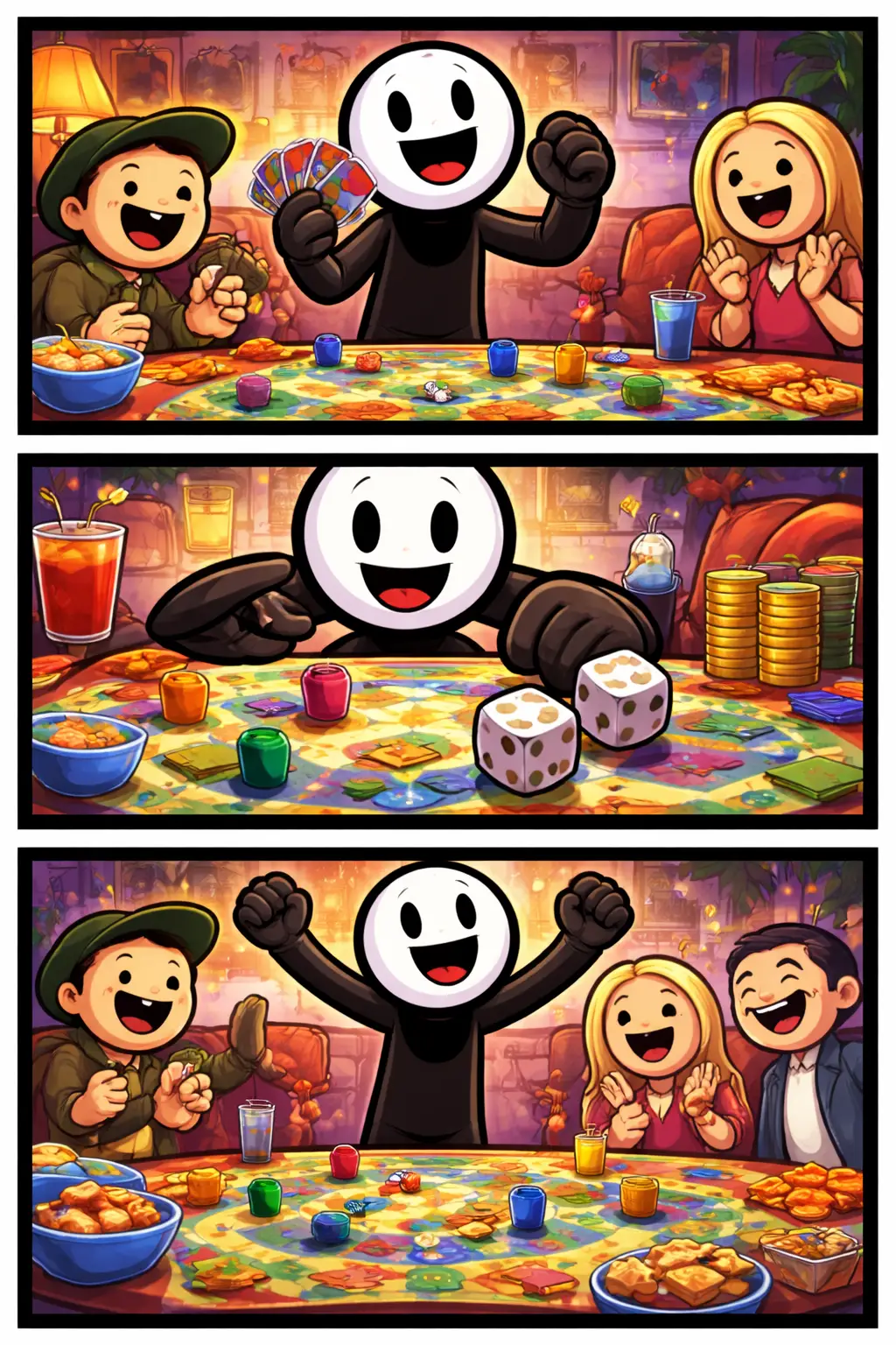 Stickman speelt een bordspel aan tafel met andere spelers in Toonwords-stijl.