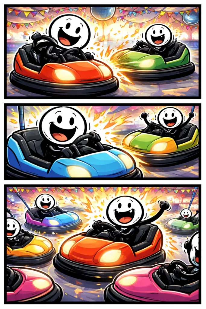 Stripafbeelding van een stickman in Toonwords-stijl die in een Botsauto rijdt en andere botsauto’s raakt op de kermis.