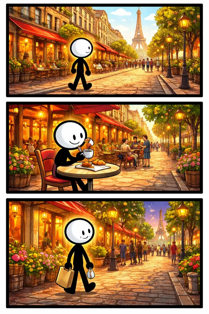 Driepanelige strip in Toonwords-stijl van een stickman die wandelt en kijkt op een brede Franse boulevard, passend bij het woord Boulevard.