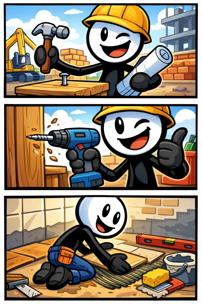 Stickman die bezig is met bouw- en kluswerk, met gereedschap en materialen in een duidelijke werksituatie.