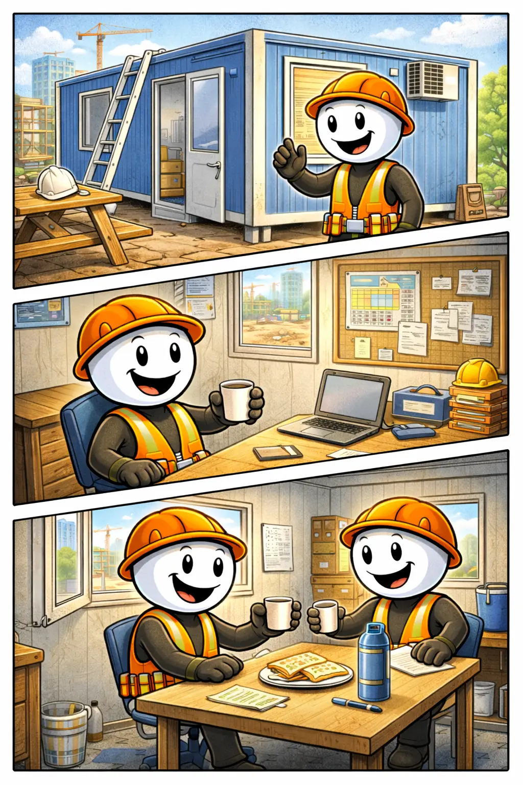 Toonwords-stijl drieluik van een stickman met wit hoofd en zwart lichaam bij een bouwkeet op een bouwplaats waar gewerkt en gepauzeerd wordt.