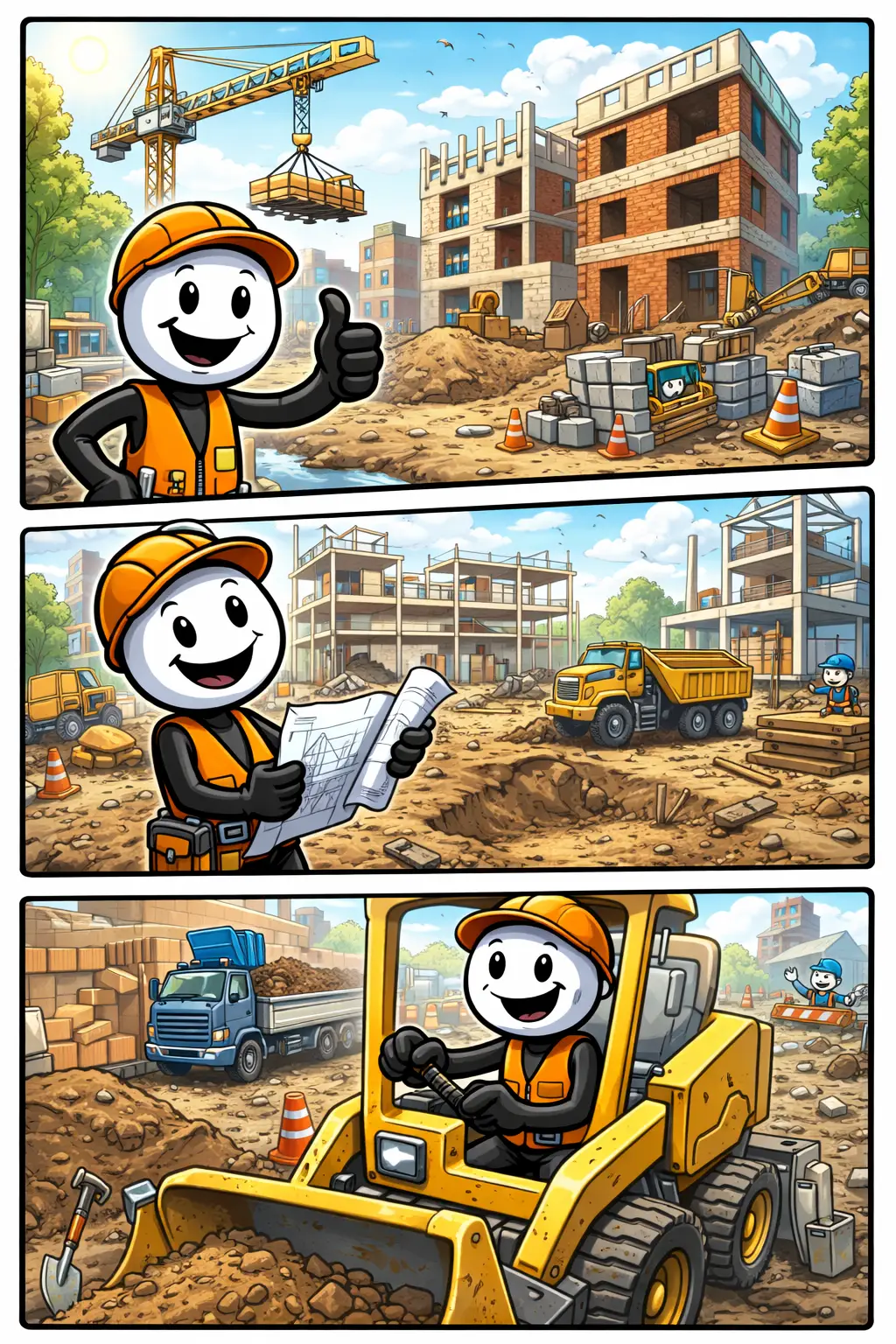 Toonwords-stripafbeelding van een drukke bouwplaats met een stickman, machines en gebouwen in aanbouw, bij het Nederlandse woord Bouwplaats.