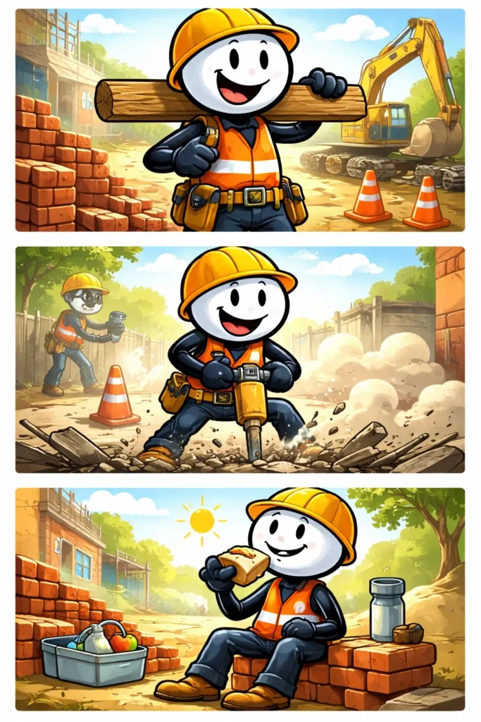 Stripafbeelding van een stickman met witte kop en zwart lichaam als Bouwvakker, werkend op een bouwplaats in drie verschillende camerastandpunten.