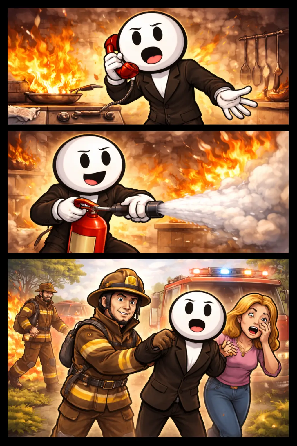 Stickman in Toonwords-stijl die in drie scènes laat zien hoe een brand ontstaat en zich ontwikkelt.