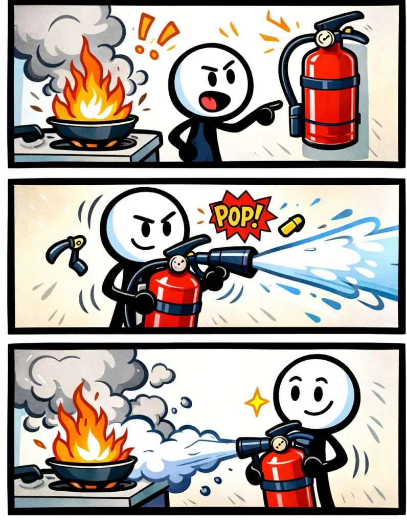 Stripafbeelding in Toonwords-stijl van een stickman die een Brandblusser gebruikt om vuur te blussen in drie opeenvolgende panelen.