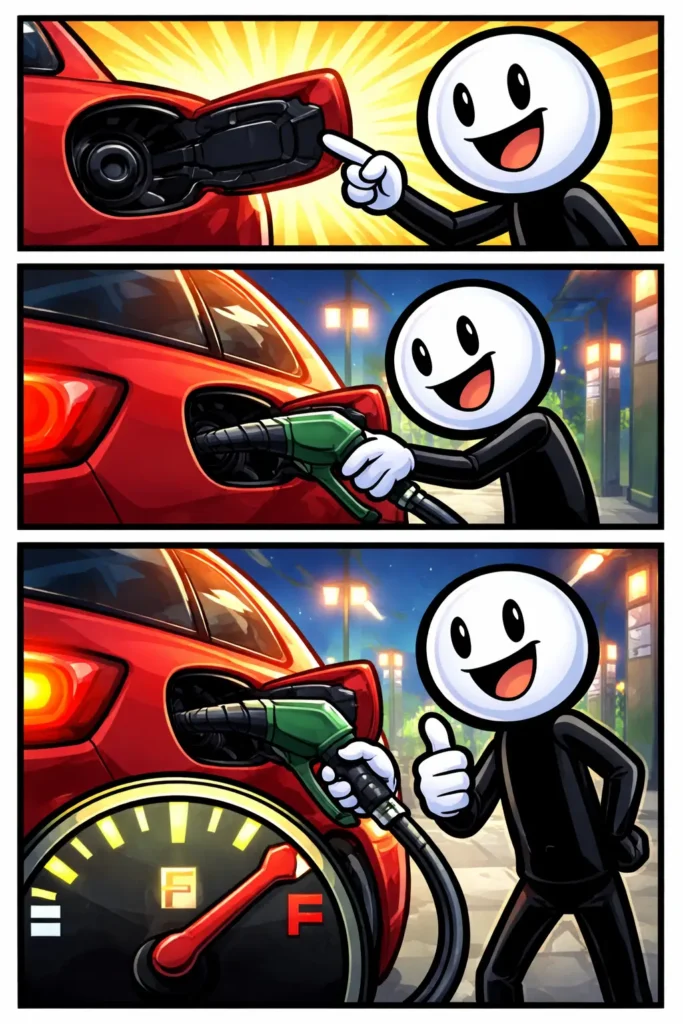 Stickman wijst de brandstoftank van een auto aan en laat zien hoe de auto wordt volgetankt.