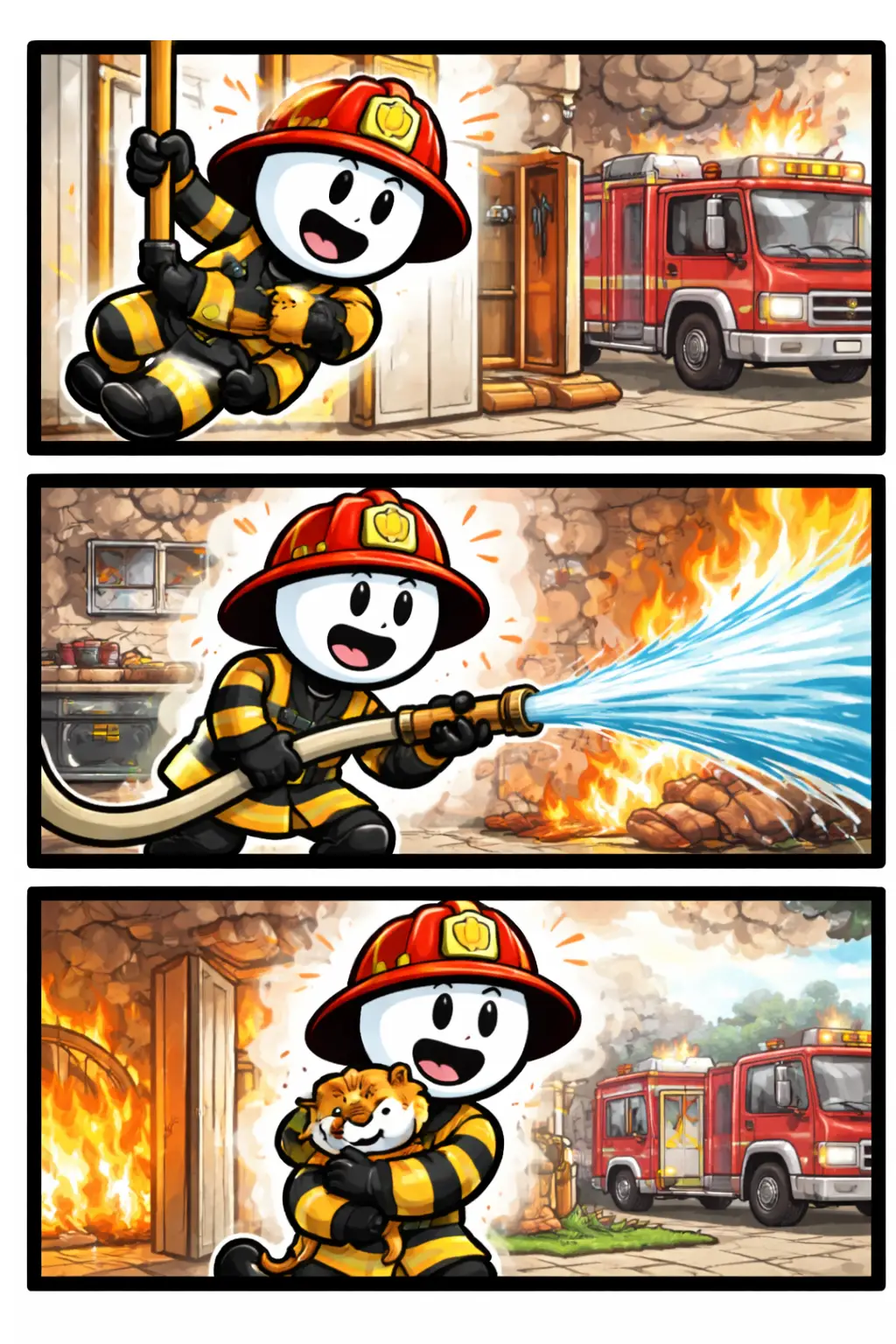 Stripafbeelding in Toonwords-stijl van een stickman als Brandweer die brand bestrijdt en redt in drie opeenvolgende panelen.