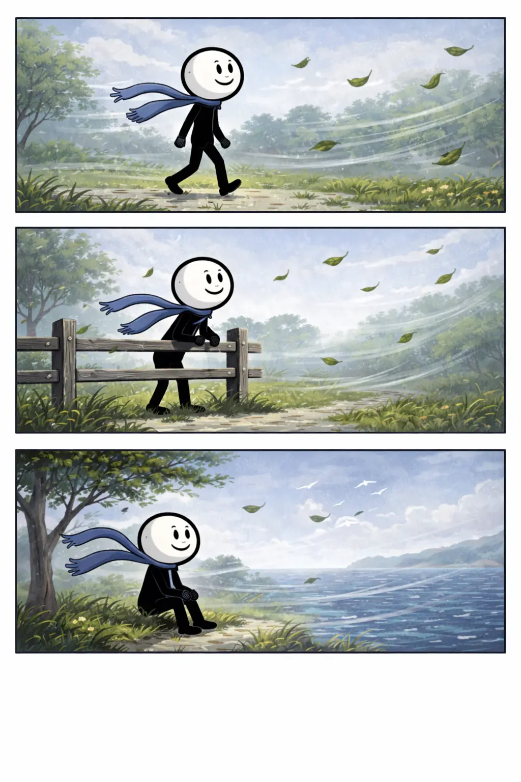 Drie panelen stripillustratie in Toonwords-stijl van een stickman die ontspannen staat terwijl een lichte bries door de lucht waait.