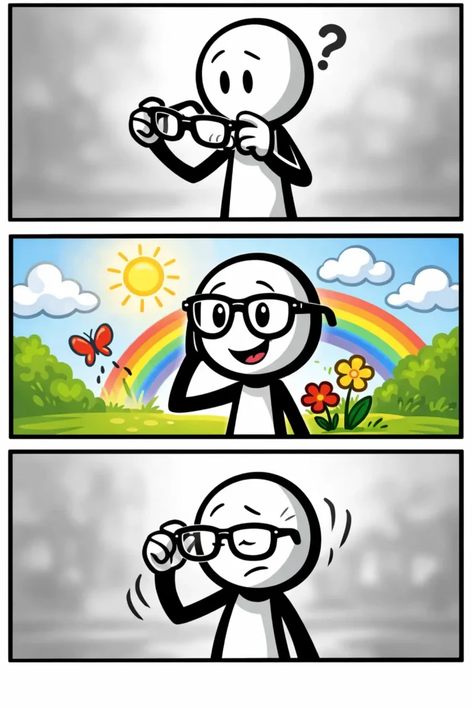 Stripafbeelding in Toonwords-stijl van een stickman met een bril, waarin het gebruik en verlies van een bril visueel wordt uitgebeeld.