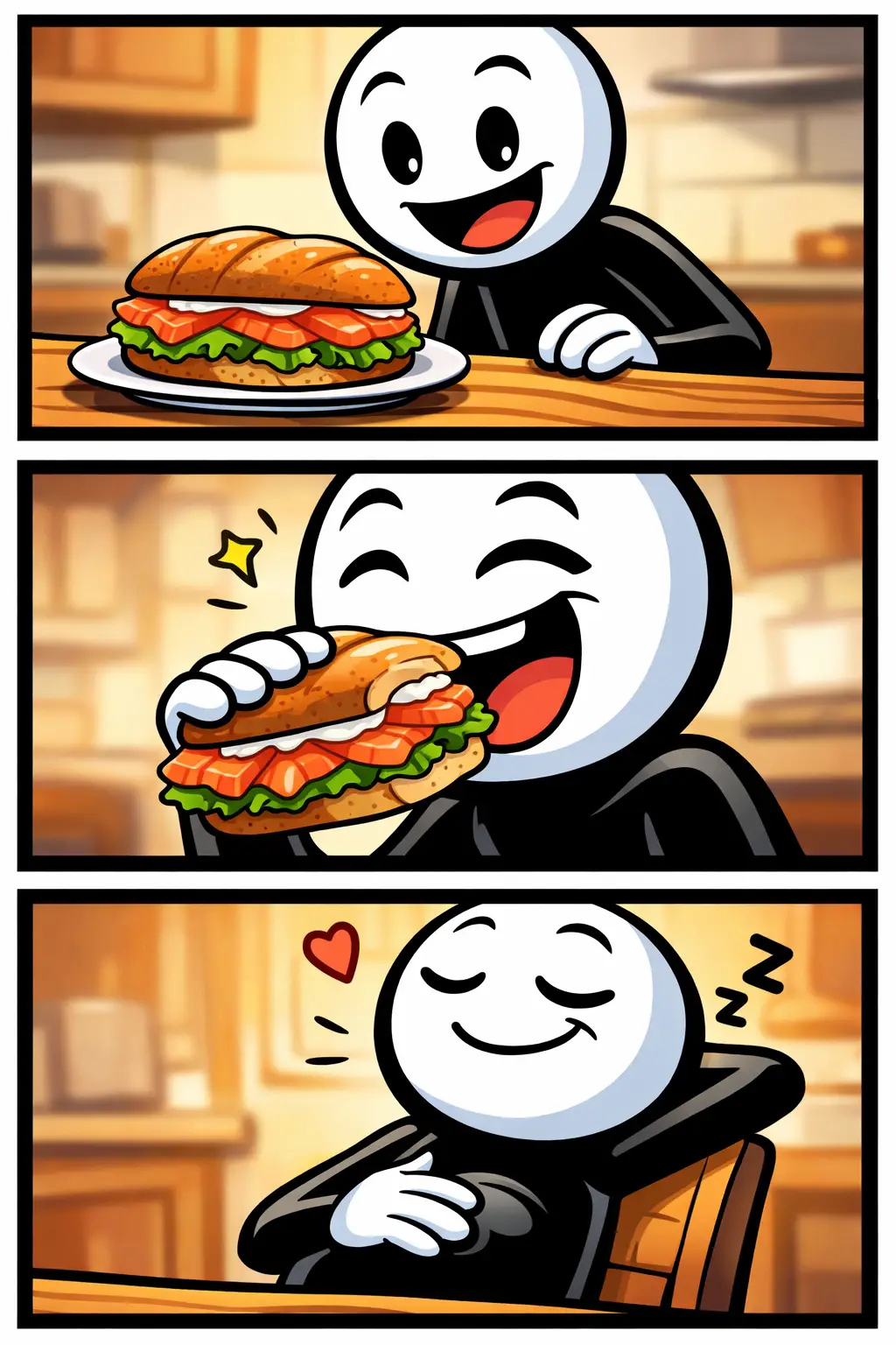 Stickman die geniet van een broodje zalm in drie panelen in Toonwords-stijl.