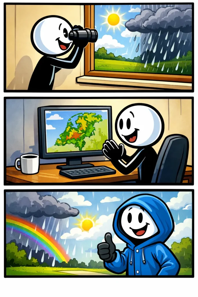 Stickman kijkt op de buienradar terwijl verschillende weertypes in drie panelen langskomen.