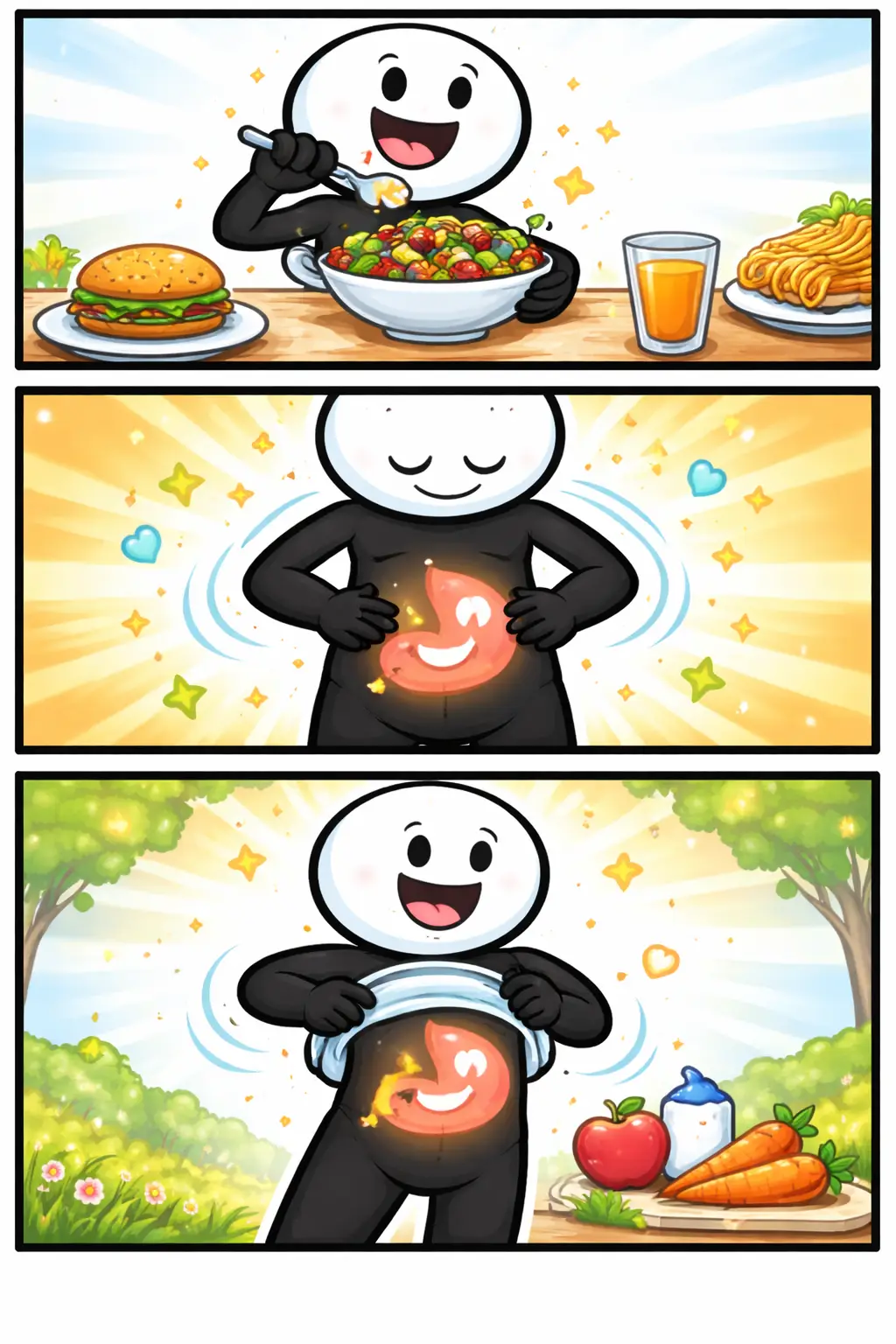 Stickman met aandacht voor de buik, afgebeeld in drie panelen in Toonwords-stijl.