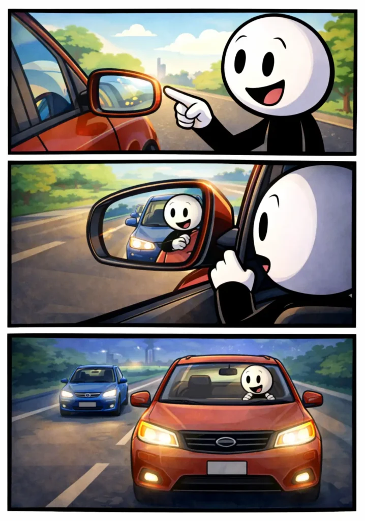 Toonwords-strip met een stickman bij een auto die de buitenspiegel aanwijst en tijdens het rijden een auto achter zich ziet in de buitenspiegel.