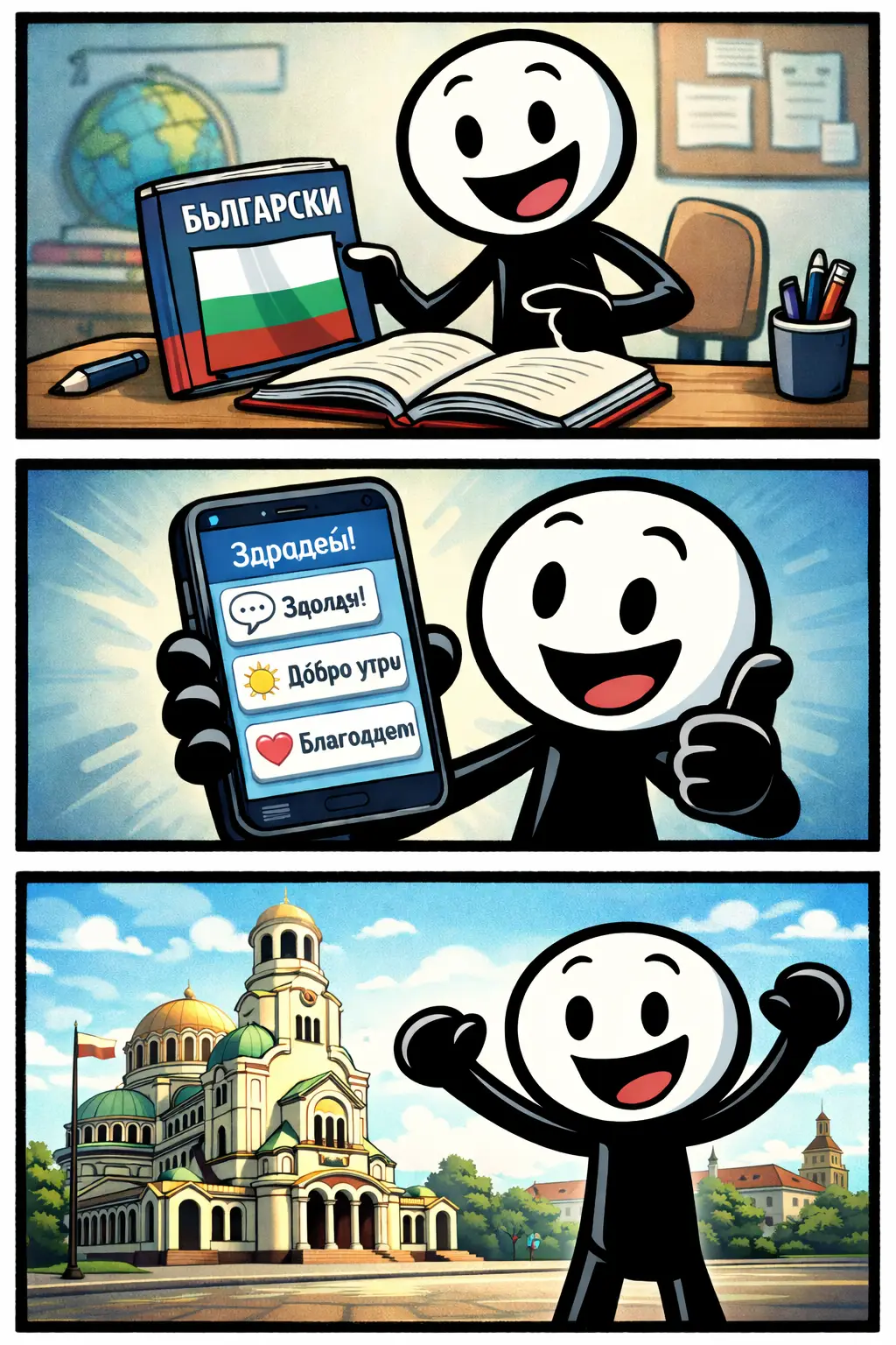 Strip van een stickman die de taal Bulgaars leert met een studieboek, een leer-app en een herkenbaar Bulgaars landschap.
Комикс с фигурка, която учи български език с учебник, учебно приложение и характерен български пейзаж.