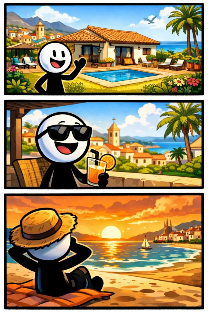 Toonwords-afbeelding van een bungalow met een vrolijke stickman, passend bij het woord bungalow.