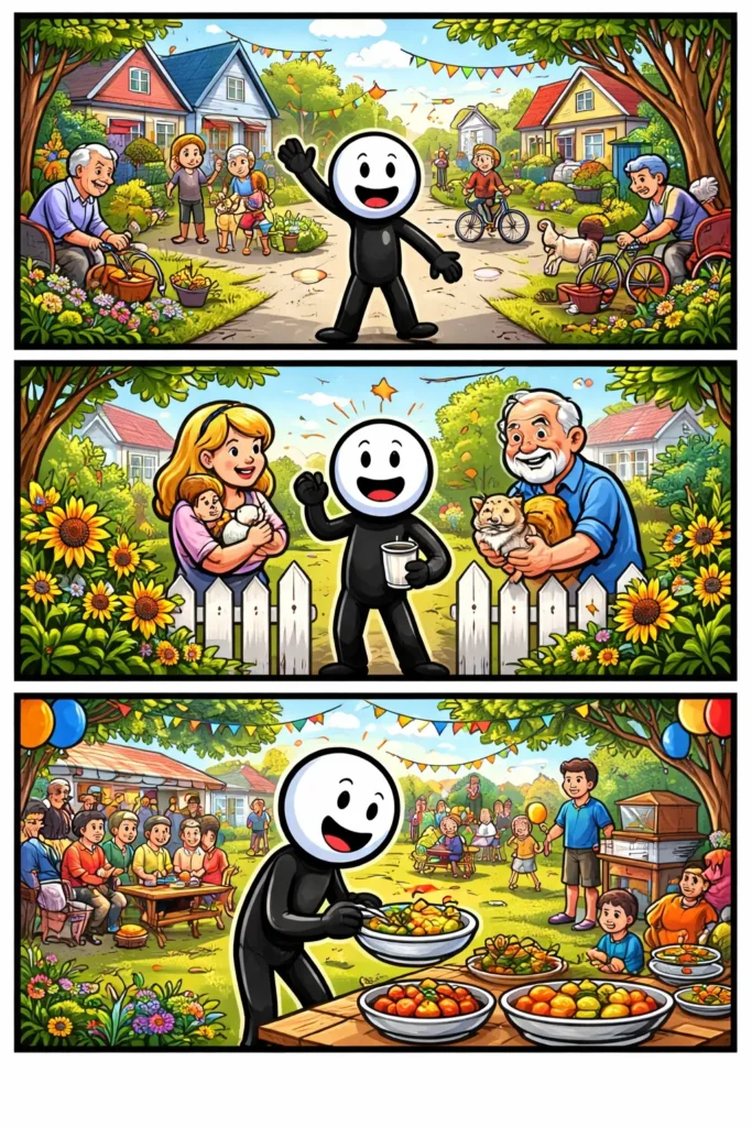 Stripafbeelding in Toonwords-stijl van een stickman in zijn buurt, met huizen, straat en buren die samen het gevoel van een buurt laten zien.