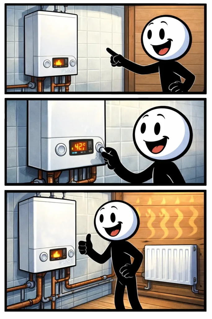 stickman kijkt blij naar een cv-ketel in een kamer – cv-ketel