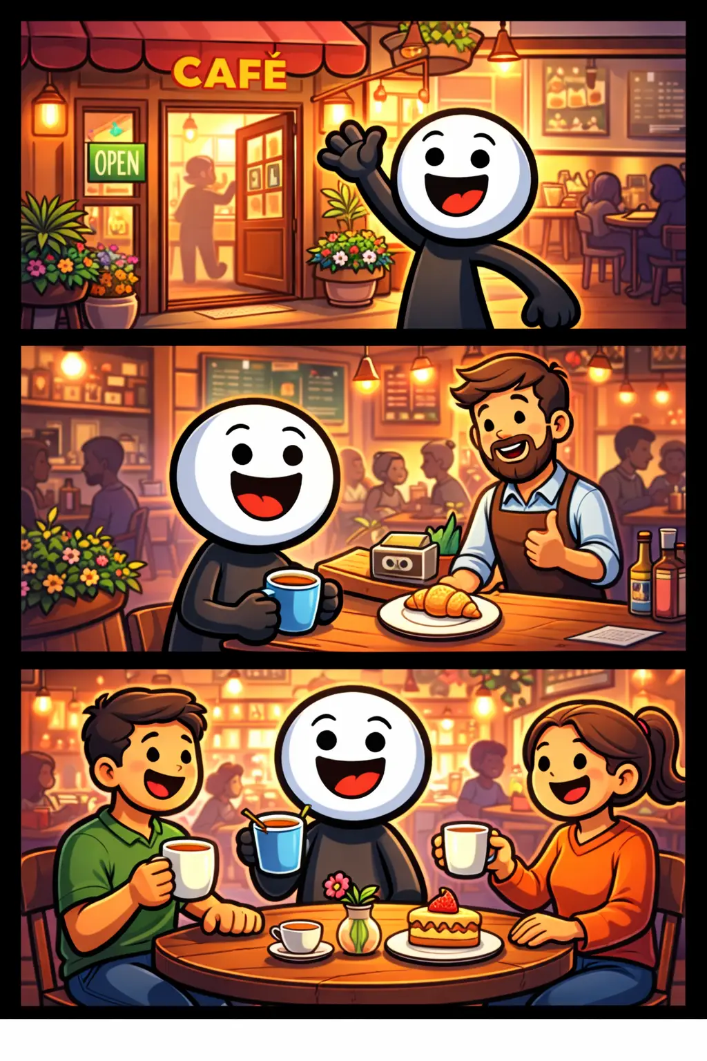 Stickman in Toonwords-stijl zit in een café met een drankje aan tafel, in een warme en gezellige cafésfeer, passend bij het woord Café. Vue Grandige.