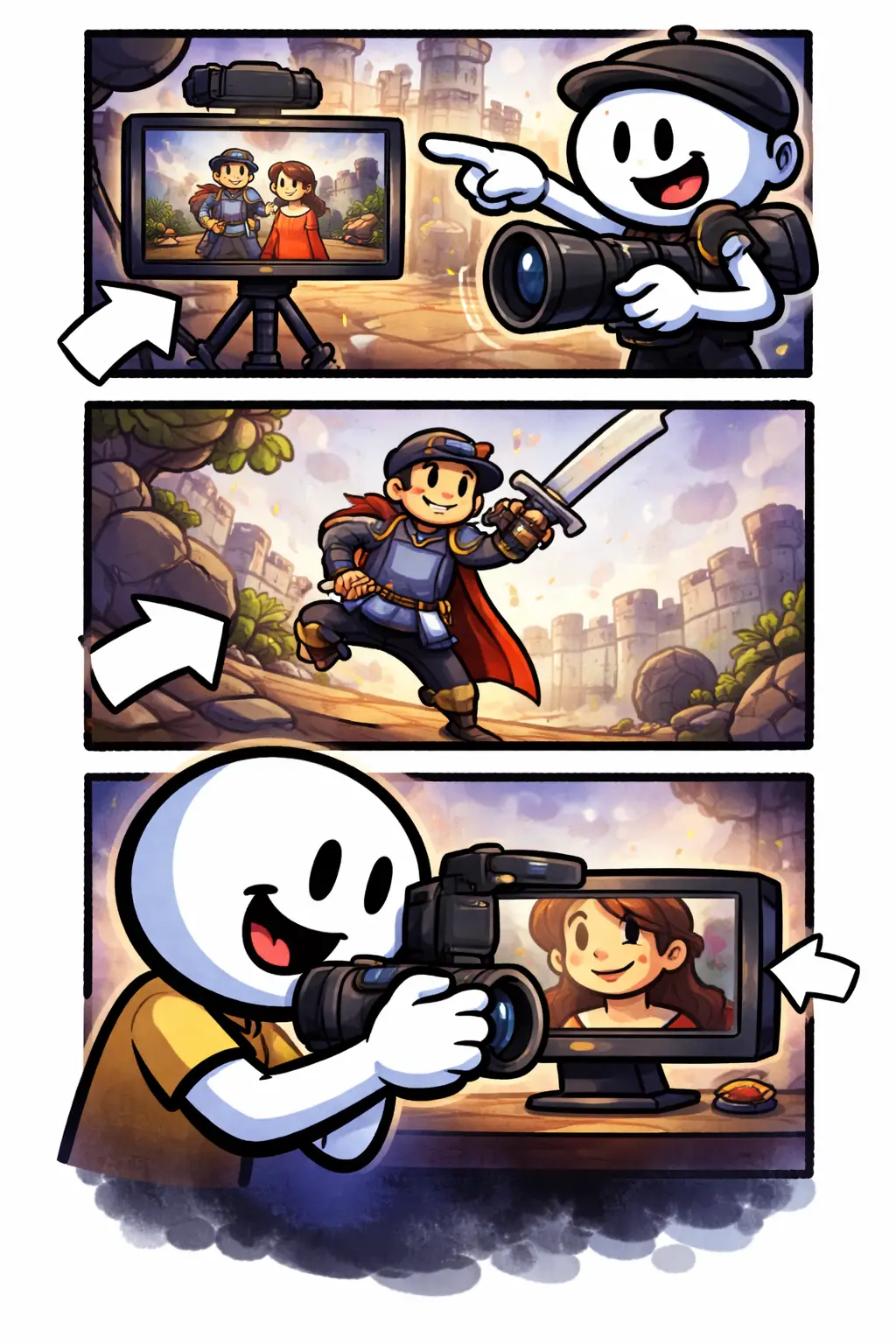 Stripafbeelding in Toonwords-stijl met een stickman die vanuit verschillende camerahoeken een scène filmt bij het woord Camerahoek.