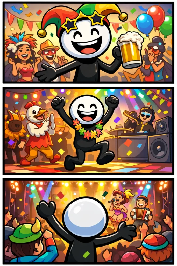 Stickman die feest viert tijdens carnaval met kleurrijke versieringen en vrolijke sfeer.