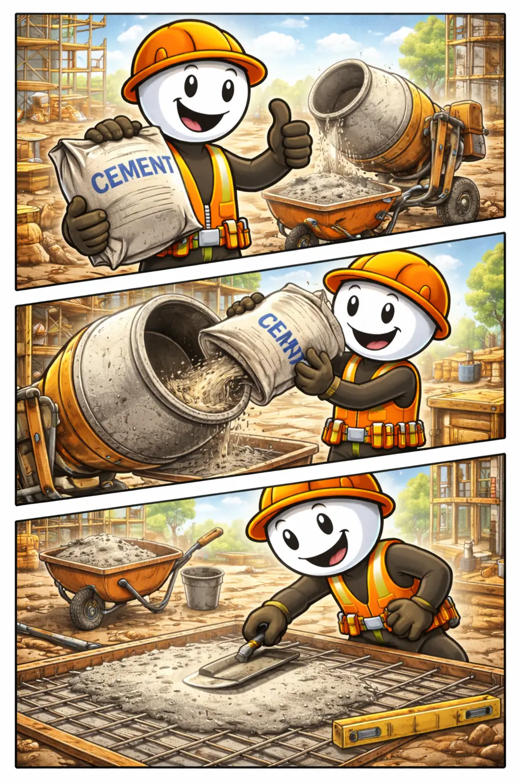 Toonwords-stijl drieluik van een stickman met wit hoofd en zwart lichaam die cement mengt, giet en laat uitharden op een bouwplaats.