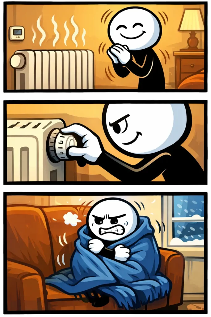 Stickman die kijkt naar een radiator als Toonword voor centrale verwarming.