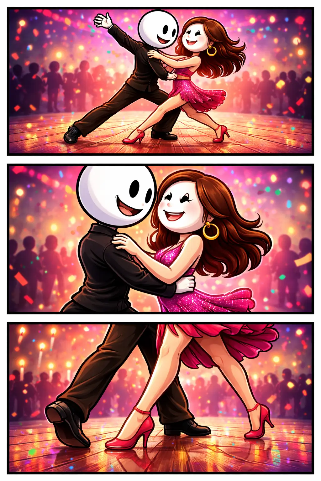 Stripafbeelding in Toonwords-stijl van een stickman-koppel dat de Cha-cha danst, verdeeld over drie verticale panelen met verschillende camerastandpunten en snelle, speelse bewegingen.