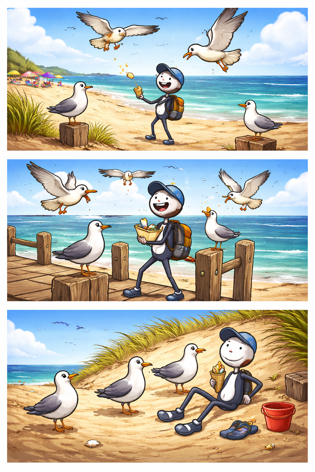 Drie-panelen stripafbeelding van een stickman bij meeuwen langs de kust, met verschillende momenten en camerastandpunten.