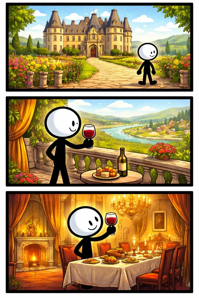 Driepanelige strip in Toonwords-stijl van een stickman bij een Frans kasteel, met torens en landschap, passend bij het woord Château.