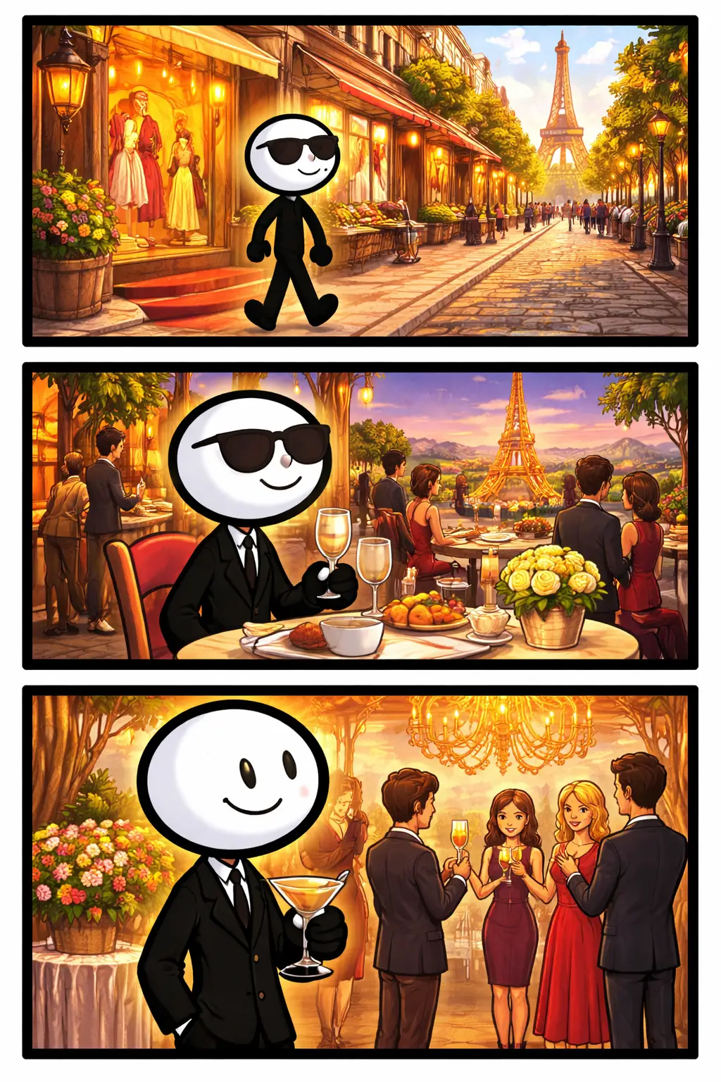 Driepanelige strip in Toonwords-stijl van een stickman die zich stijlvol en zelfverzekerd beweegt, passend bij het woord Chic.