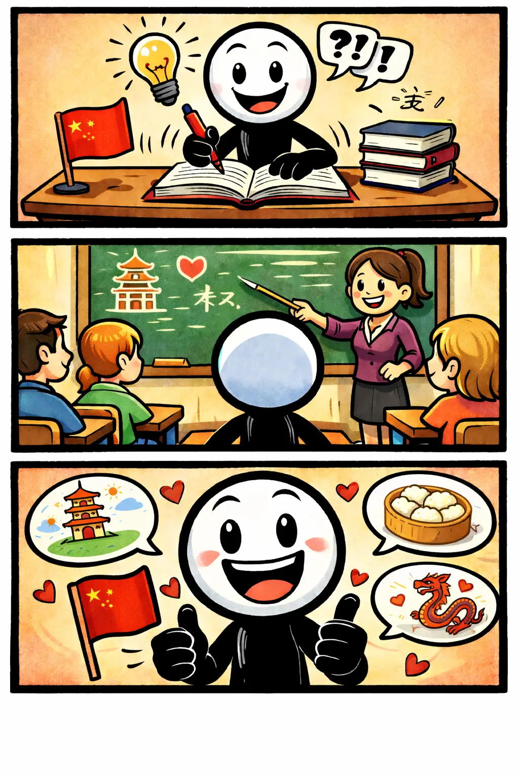 Stickman die enthousiast de Chinese taal leert, met het woord Chinees duidelijk centraal in beeld.
一個熱情學習中文的火柴人，畫面中「中文」這個詞清晰呈現。