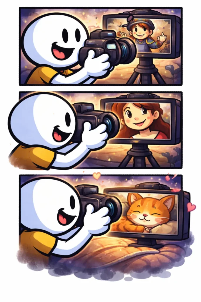 Stripafbeelding in Toonwords-stijl met een stickman die een gezicht van heel dichtbij filmt bij het woord Close-up.