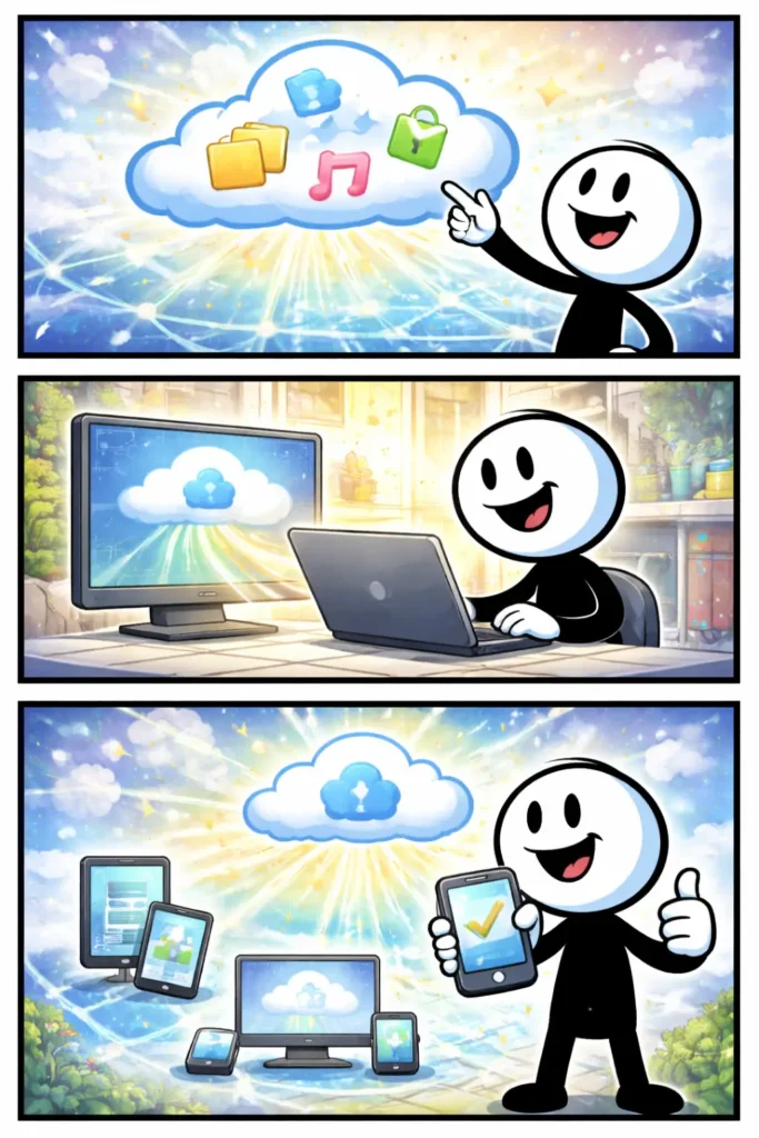 Drie-panelen stripafbeelding in Toonwords-stijl van een stickman die bestanden gebruikt via de cloud, zonder tekst.