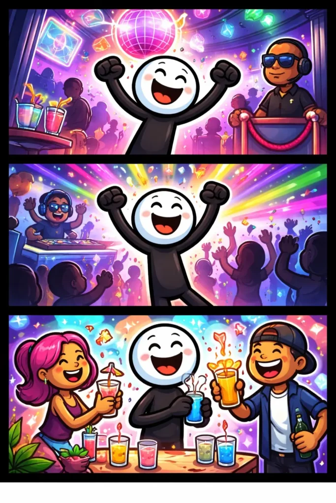 Stickman in Toonwords-stijl die danst in een club met kleurrijke lichten en feestelijke sfeer, passend bij het woord Club.