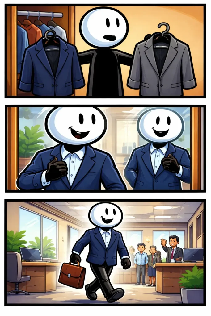 Stickman in Toonwords-stijl die in drie panelen een colbert kiest, aantrekt en toont – het woord colbert uitgebeeld.