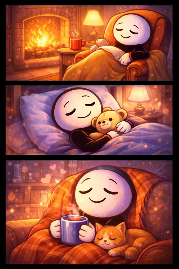 “Toonwords-afbeelding van het woord ‘Comfortabel’ met een zachte en ontspannen sfeer.”