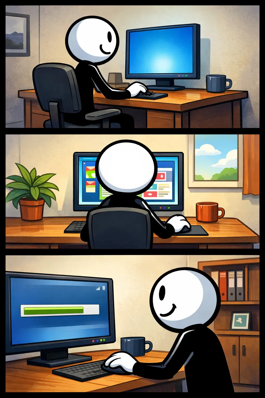 Een stickman werkt geconcentreerd achter de computer terwijl het scherm rustig en helder blijft.