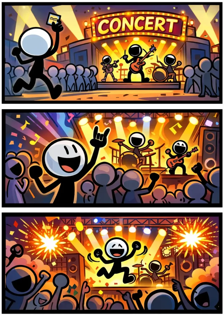 Stripafbeelding met drie panelen van een stickman in Toonwords-stijl die een Concert bezoekt en geniet van live muziek.