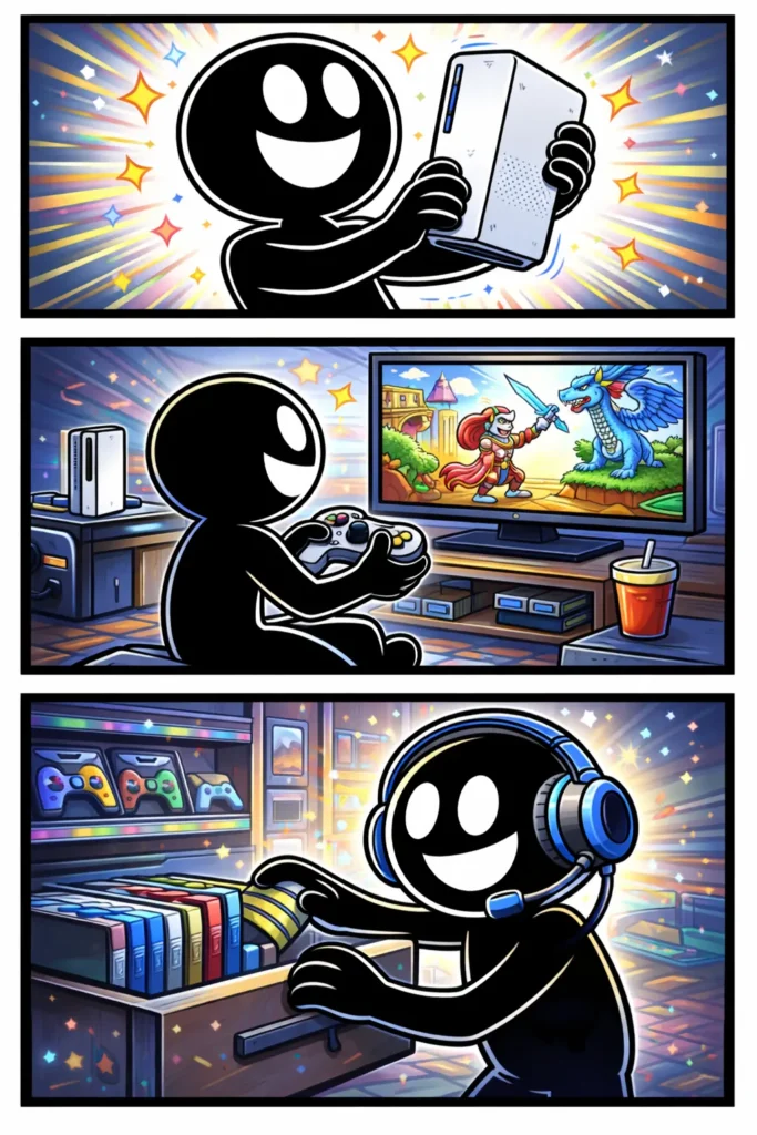 Driepaneel-strip met stickman in Toonwords-stijl die een console gebruikt om videogames te spelen.