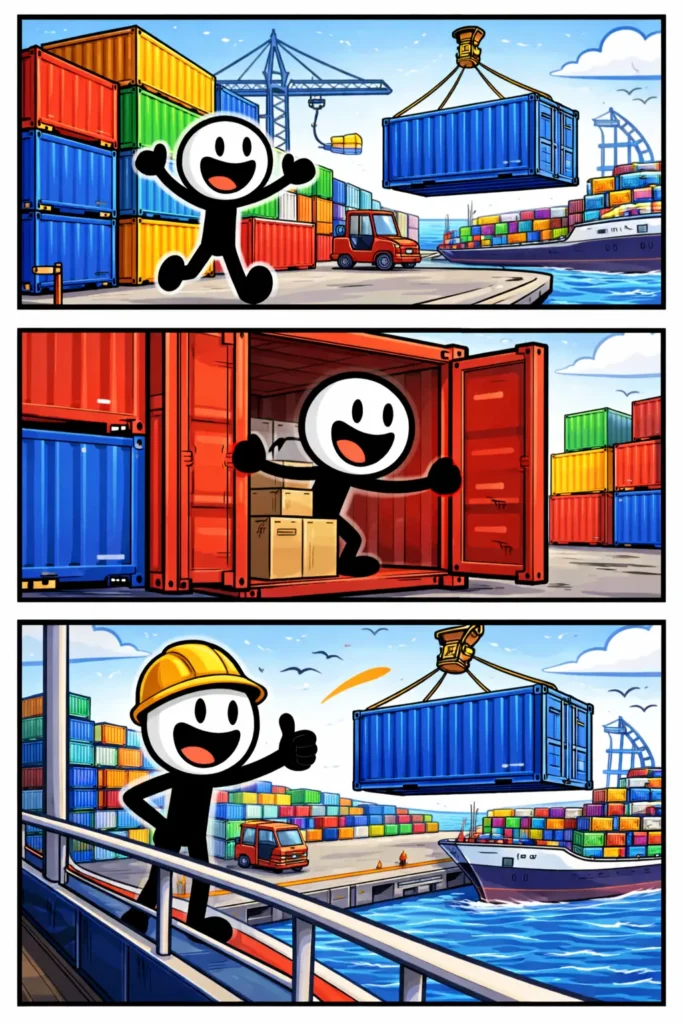Stripafbeelding met drie panelen van een stickman in Toonwords-stijl tussen containers in een haven en op een aangemeerd schip.