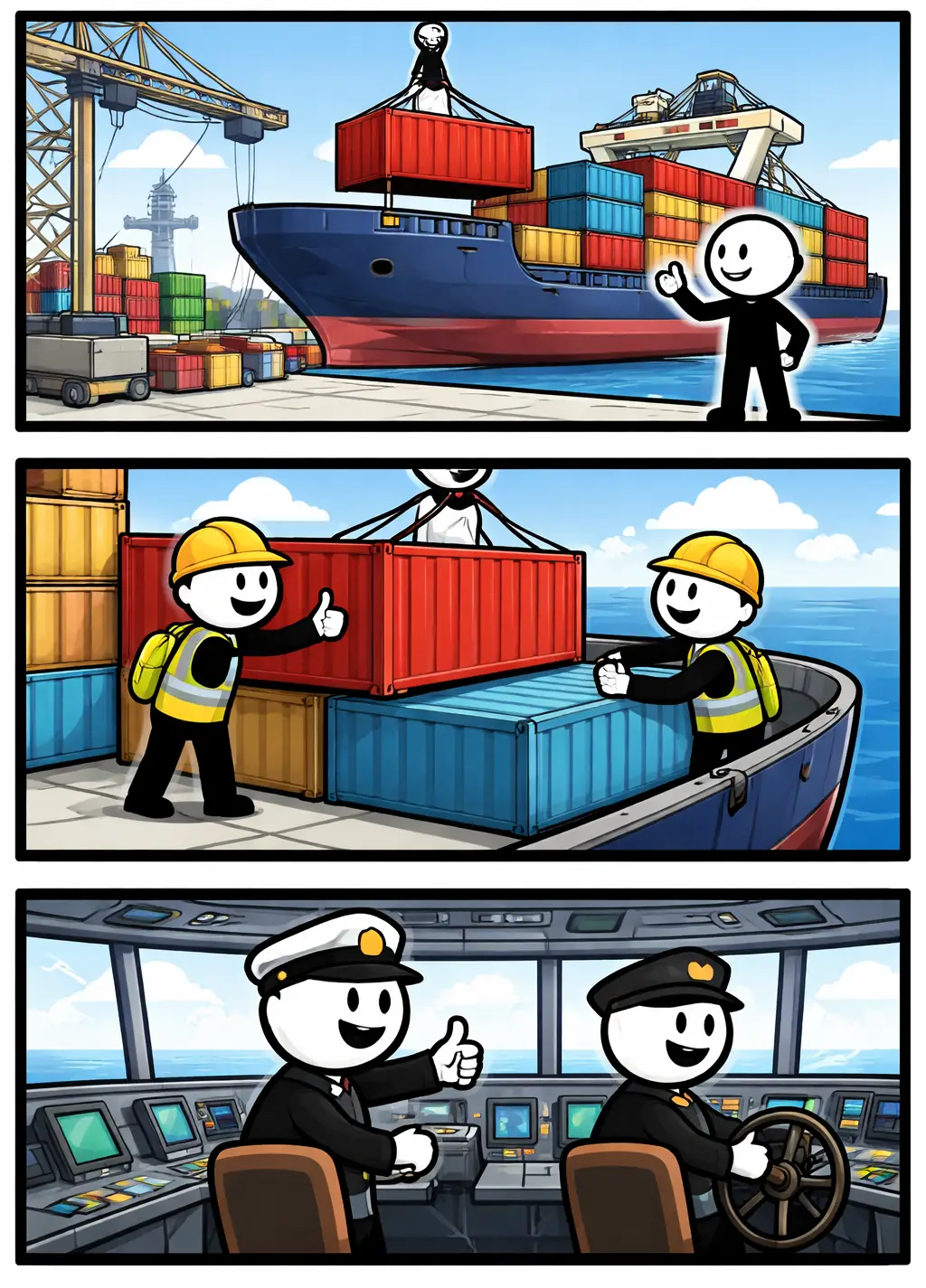 Een containerschip komt de haven binnen terwijl de stickman vrolijk toekijkt.