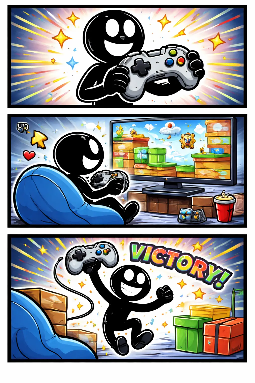 Driepaneel-strip met stickman in Toonwords-stijl die een controller gebruikt om een game te besturen.