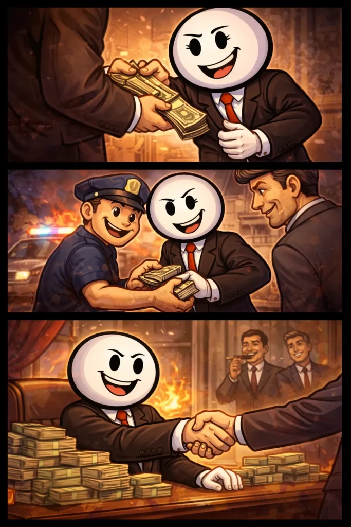 Stickman in Toonwords-stijl die in drie scènes laat zien hoe corruptie werkt en invloed uitoefent.