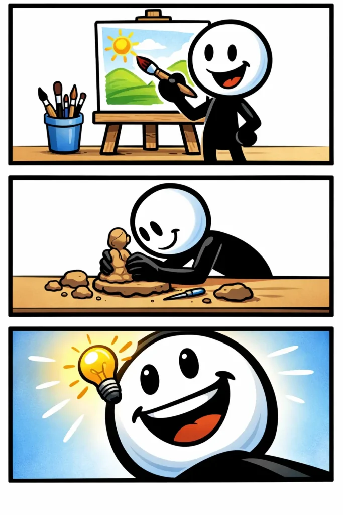 stickman die vrolijk creatief werk doet aan een tafel met kleurrijke materialen; het woord Creatief werk zichtbaar