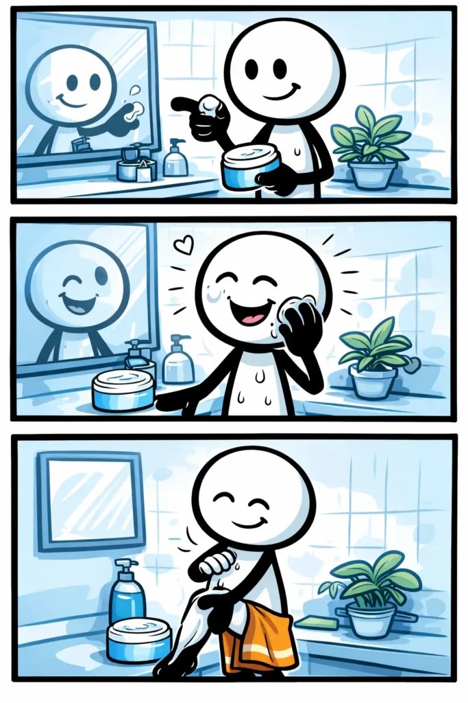 Stripafbeelding met drie panelen van een stickman die crème smeert, passend bij het woord Crème smeren.