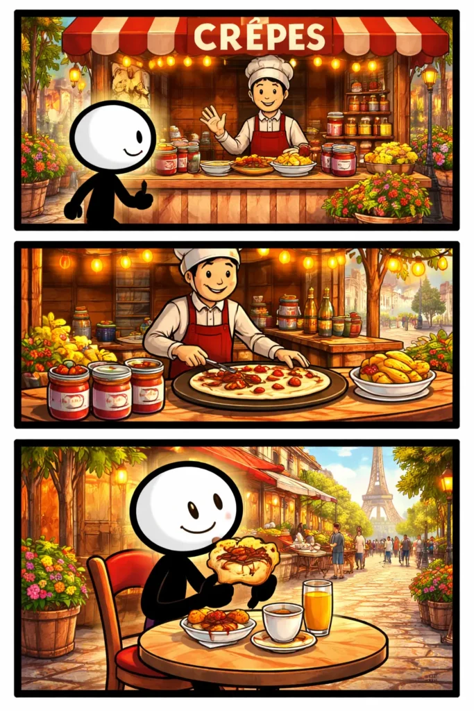 Driepanelige strip in Toonwords-stijl van een stickman die een Franse crêpe bereidt en eet, passend bij het woord Crêpe.