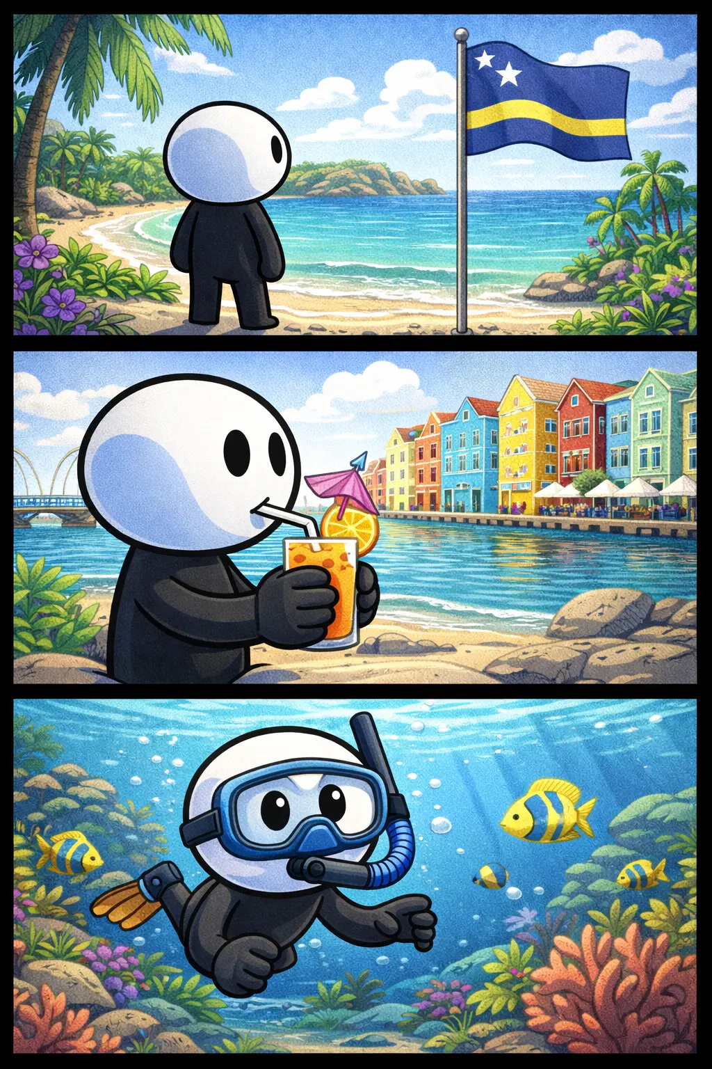 Stickman in Toonwords-stijl die op Curaçao staat met blauwe zee, palmbomen en kleurrijke gevels op de achtergrond.